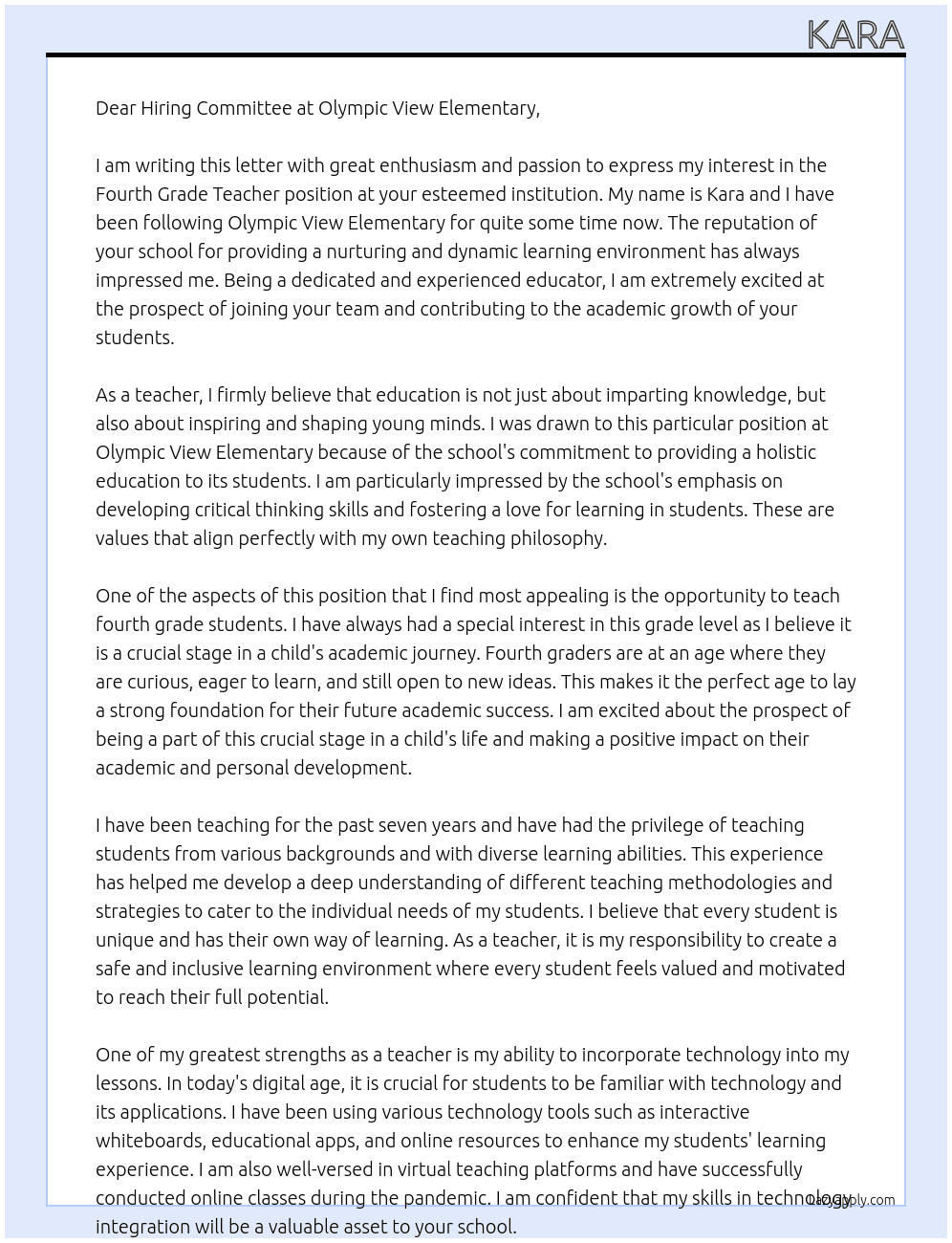 Fourth Grade Teacher - Olympic View Elemntary At Olympic View Elementary Cover Letter