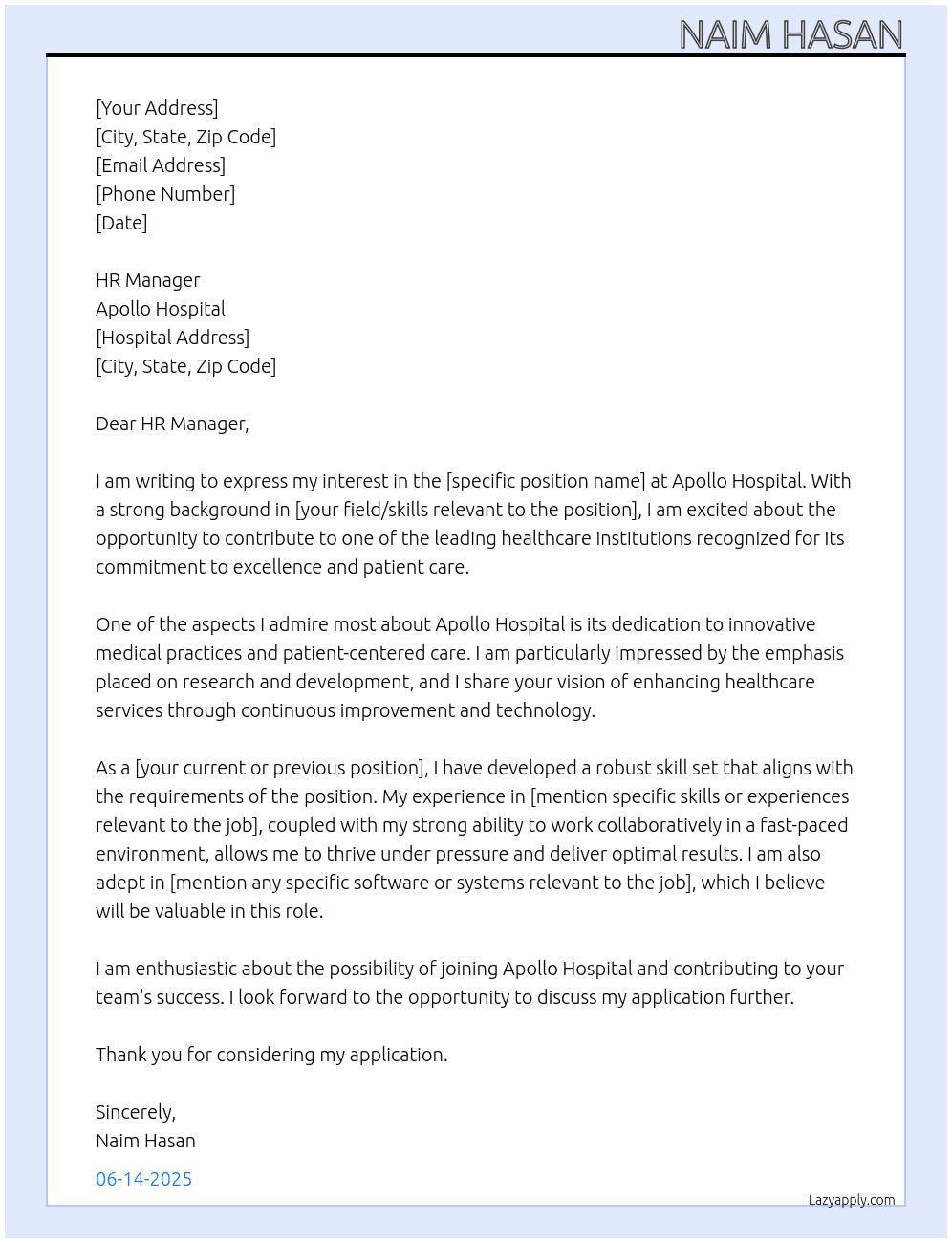 Cover letter for apollo hospital - LazyApply