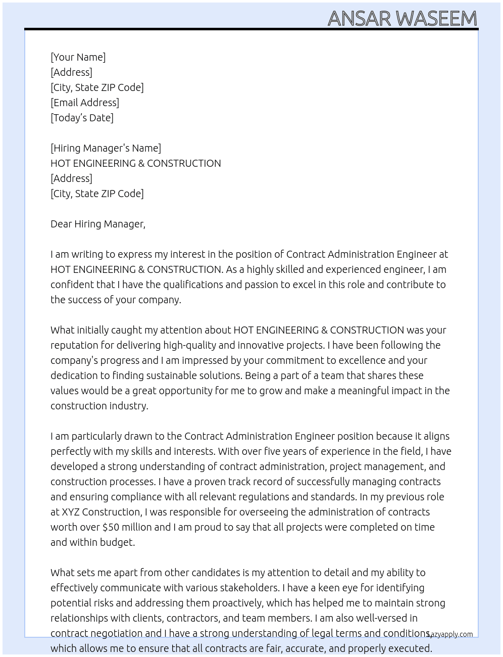 Contract Administration Engineer At  HOT ENGINEERING & CONSTRUCTION Cover Letter