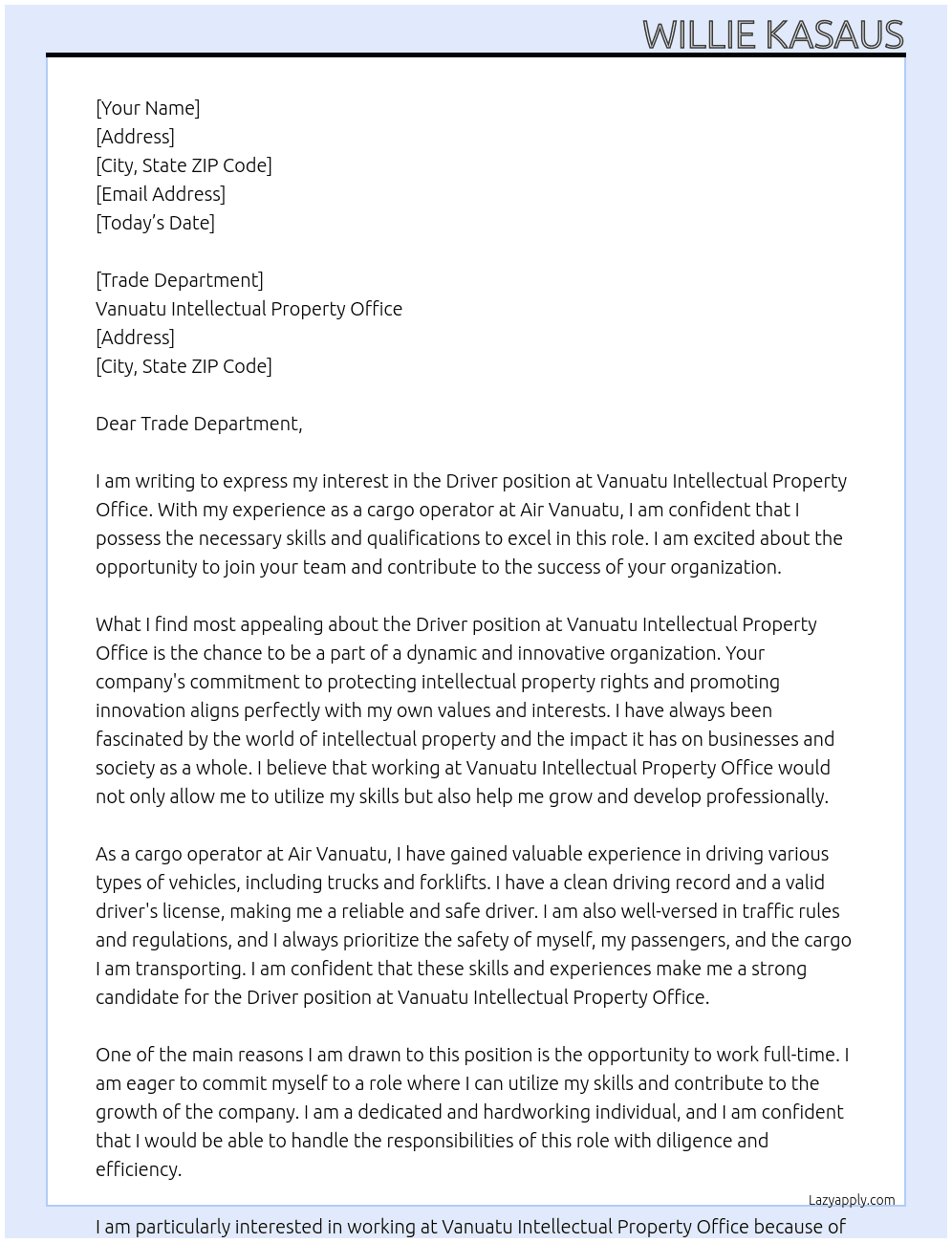 Driver At Vanuatu Intellectual property Office Cover Letter