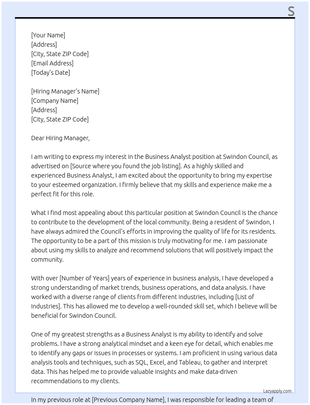 Business Analyst At Swindon Council  Cover Letter