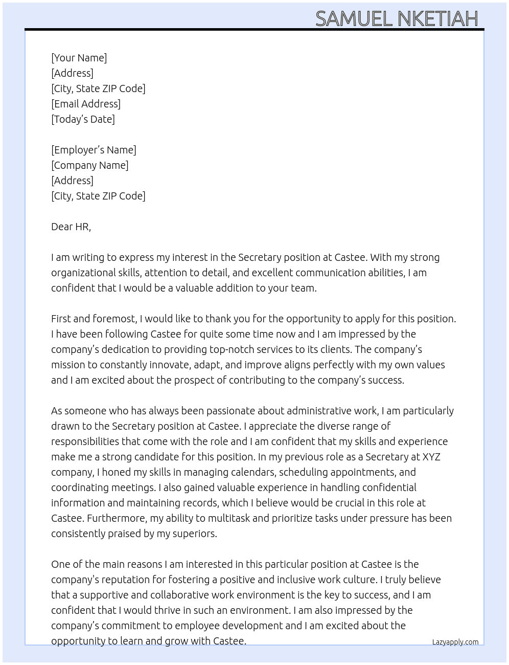 Secretary At Castee  Cover Letter