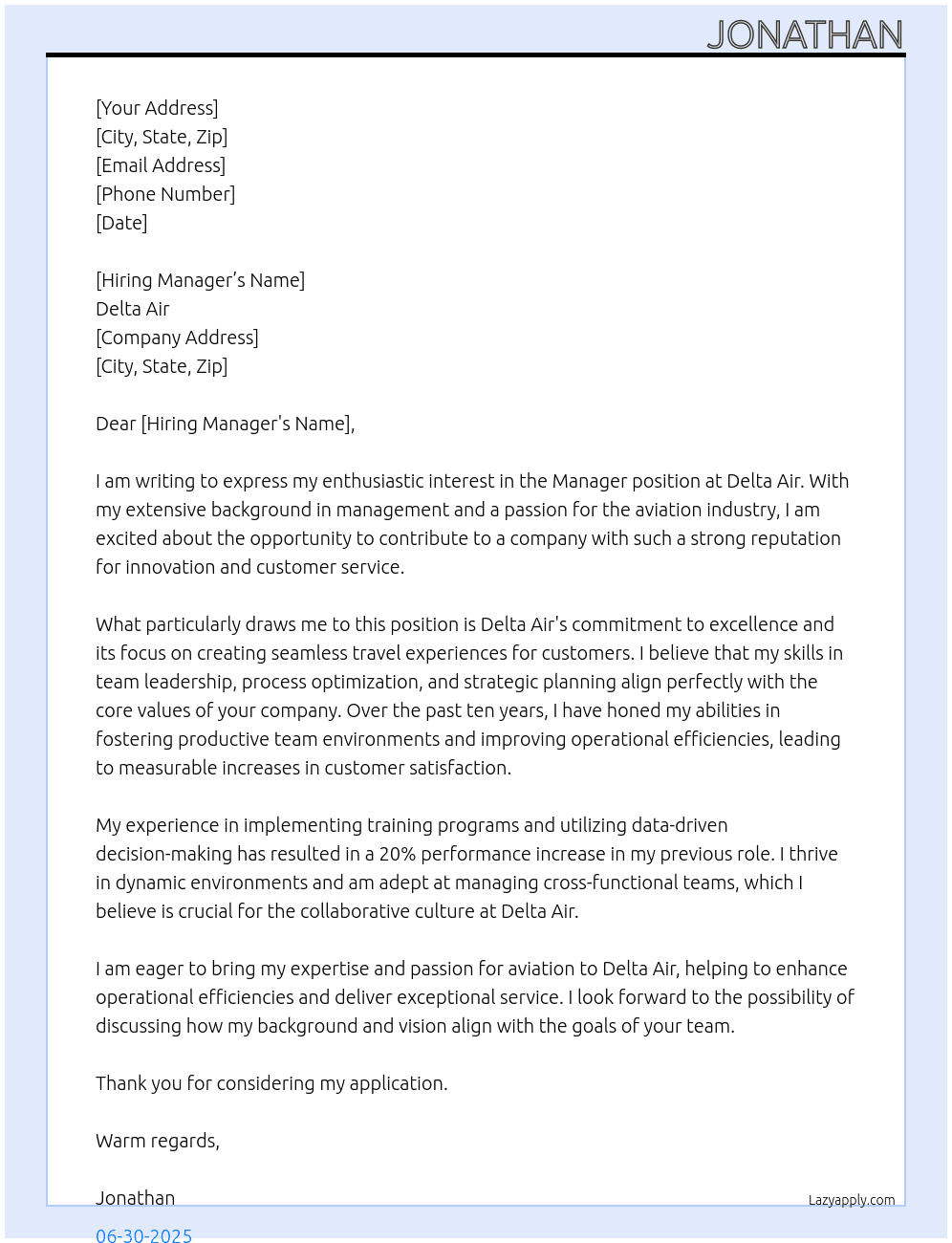 manager At delta air Cover Letter