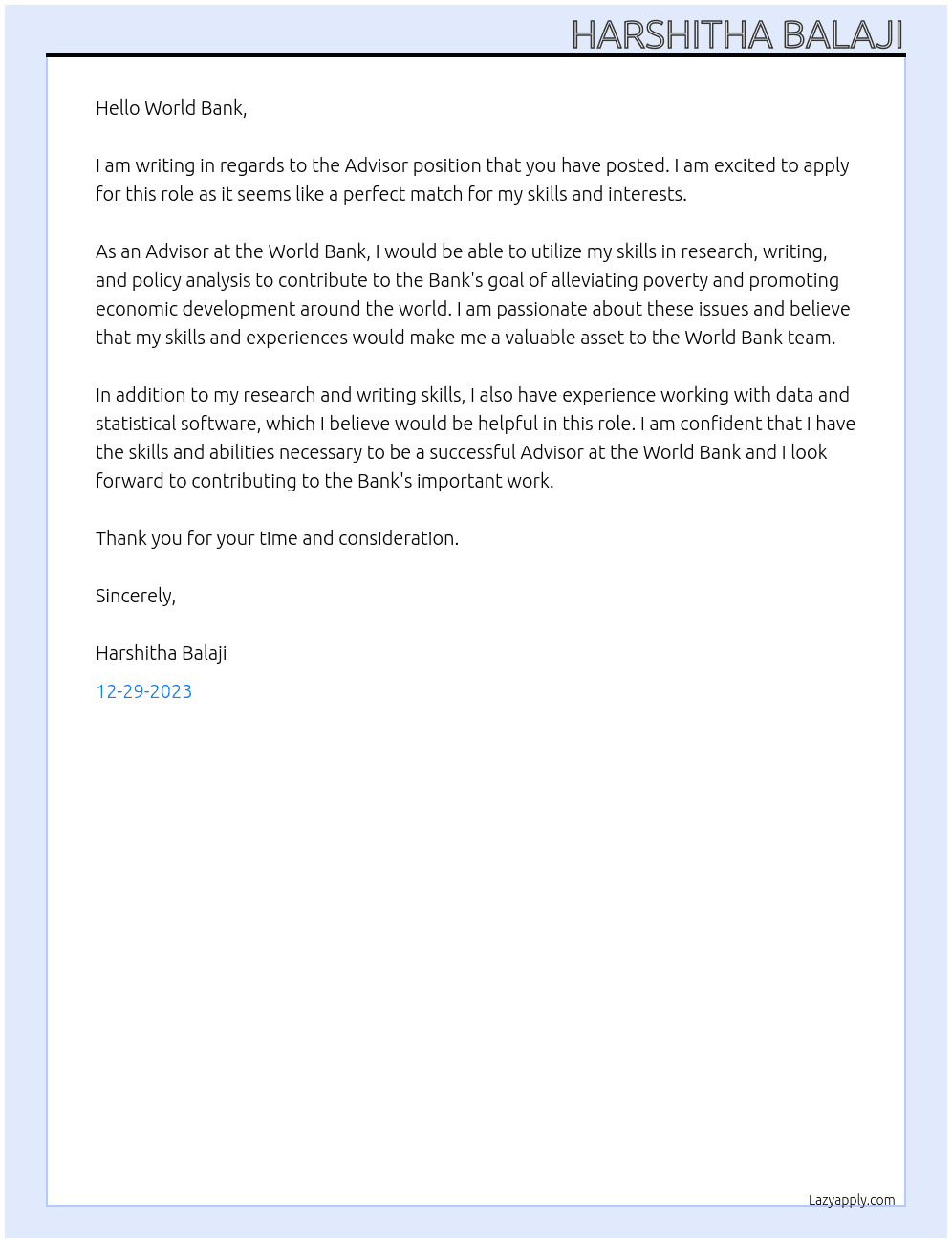 Advisor At World Bank  Cover Letter