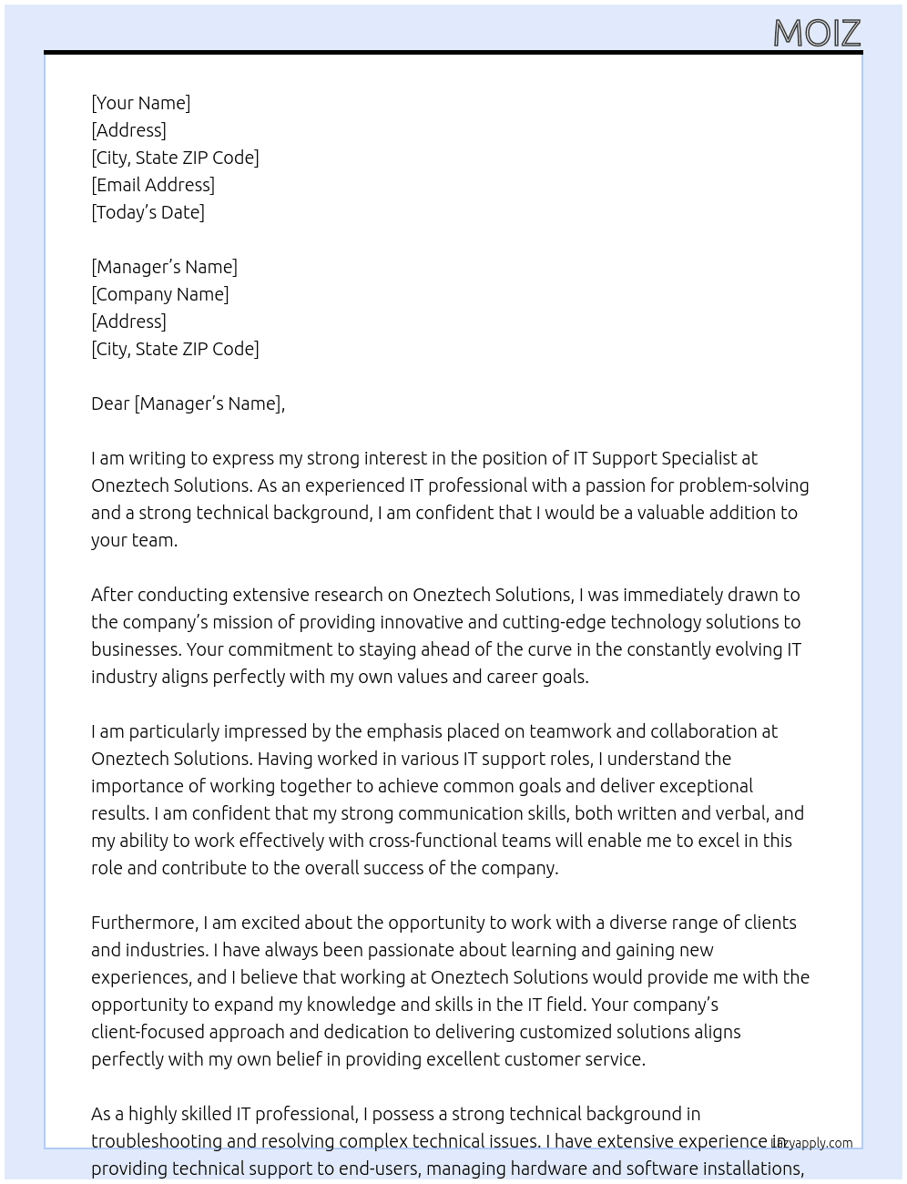 IT support specialist At Oneztech Solutions Cover Letter