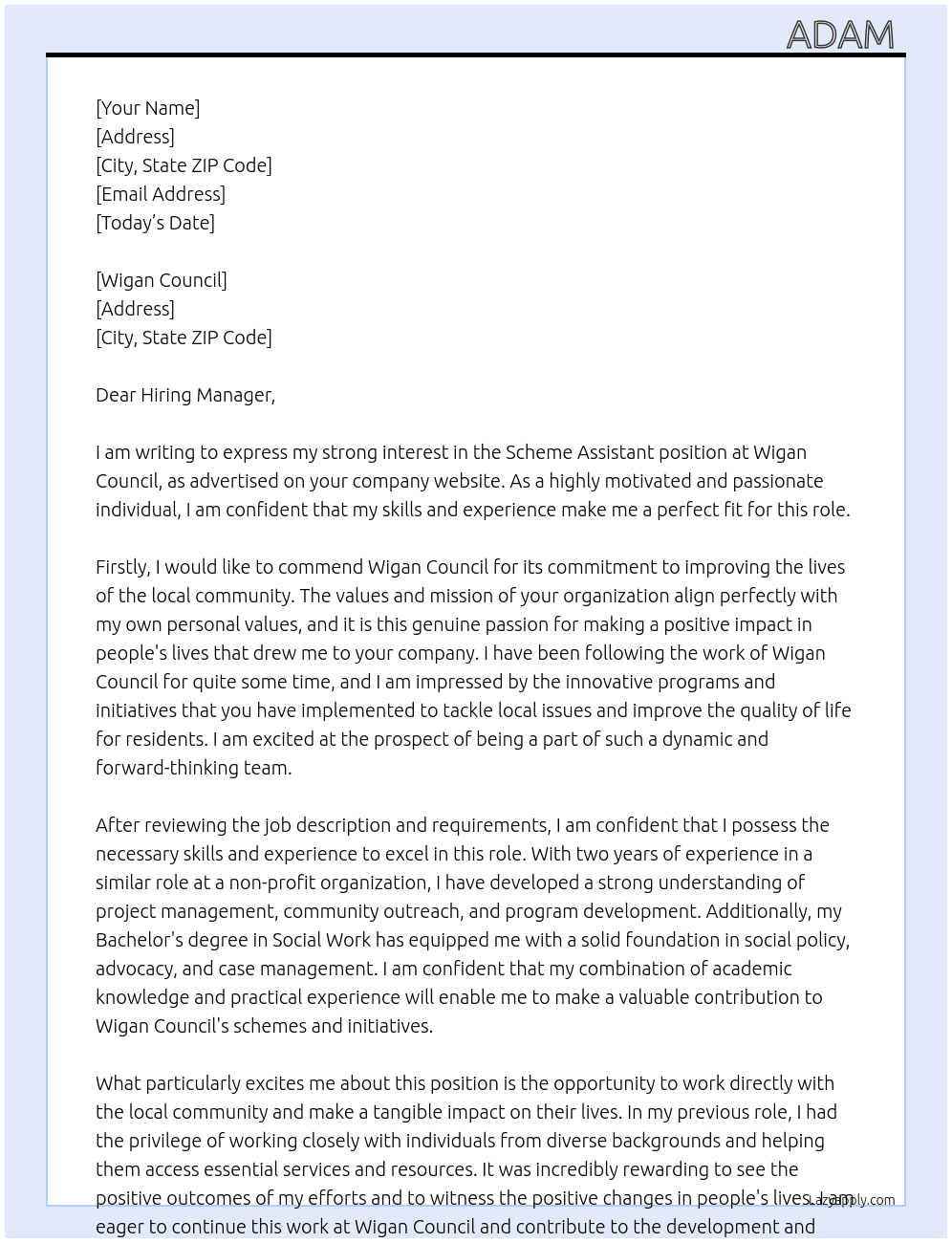 Scheme assistant At Wigan Council Cover Letter