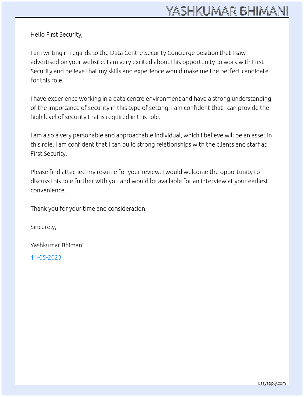 Data Centre Security Concierge At First Security Cover Letter