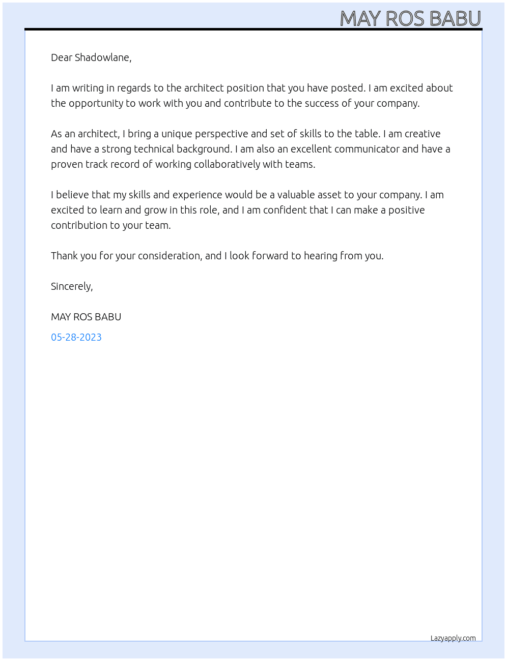 ARCHITECT At Shadowlane Cover Letter