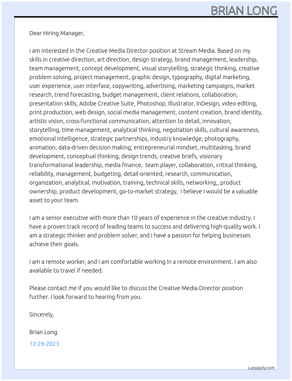 Creative Media Director At Stream Media Cover Letter