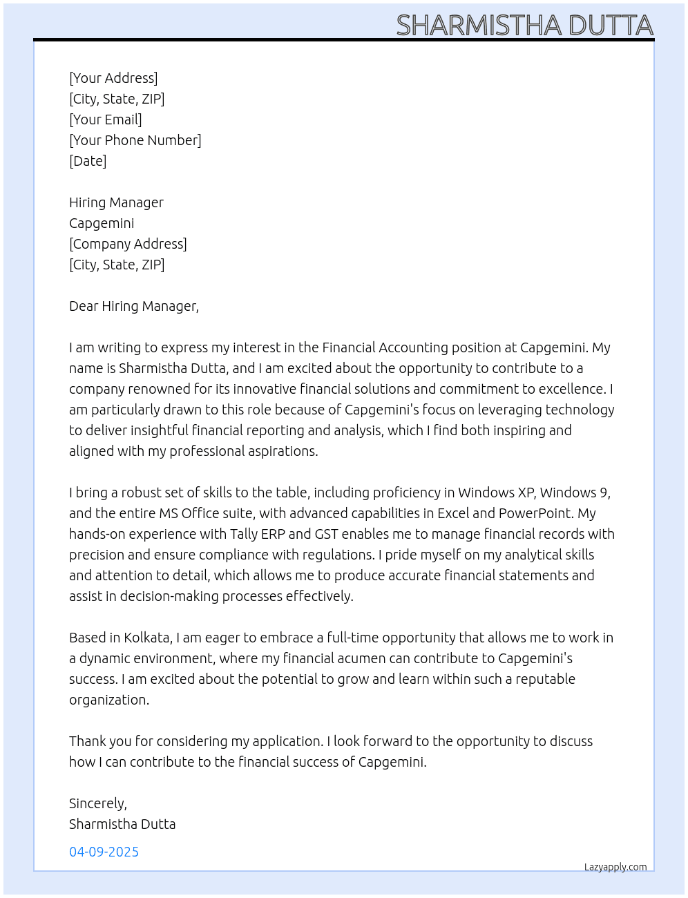Financial accounting At Capgemini Cover Letter