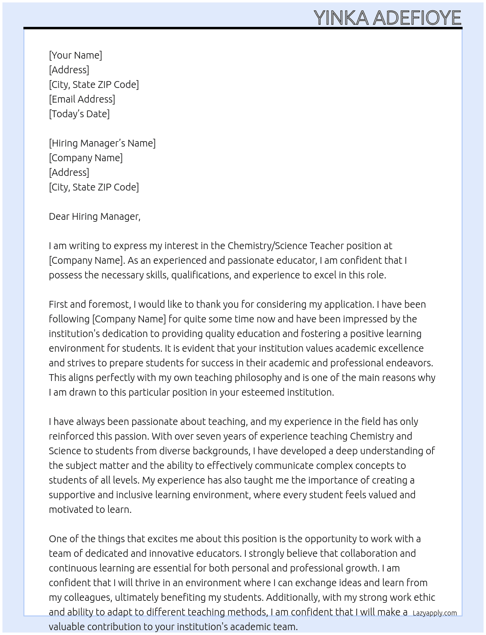 Cover letter for chemistry/science teacher - LazyApply
