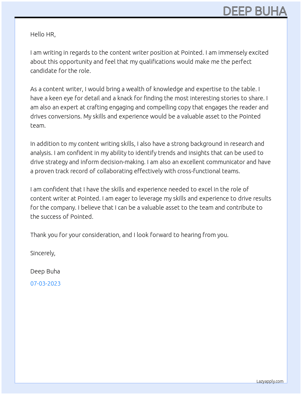Content Writer At Pointed Cover Letter