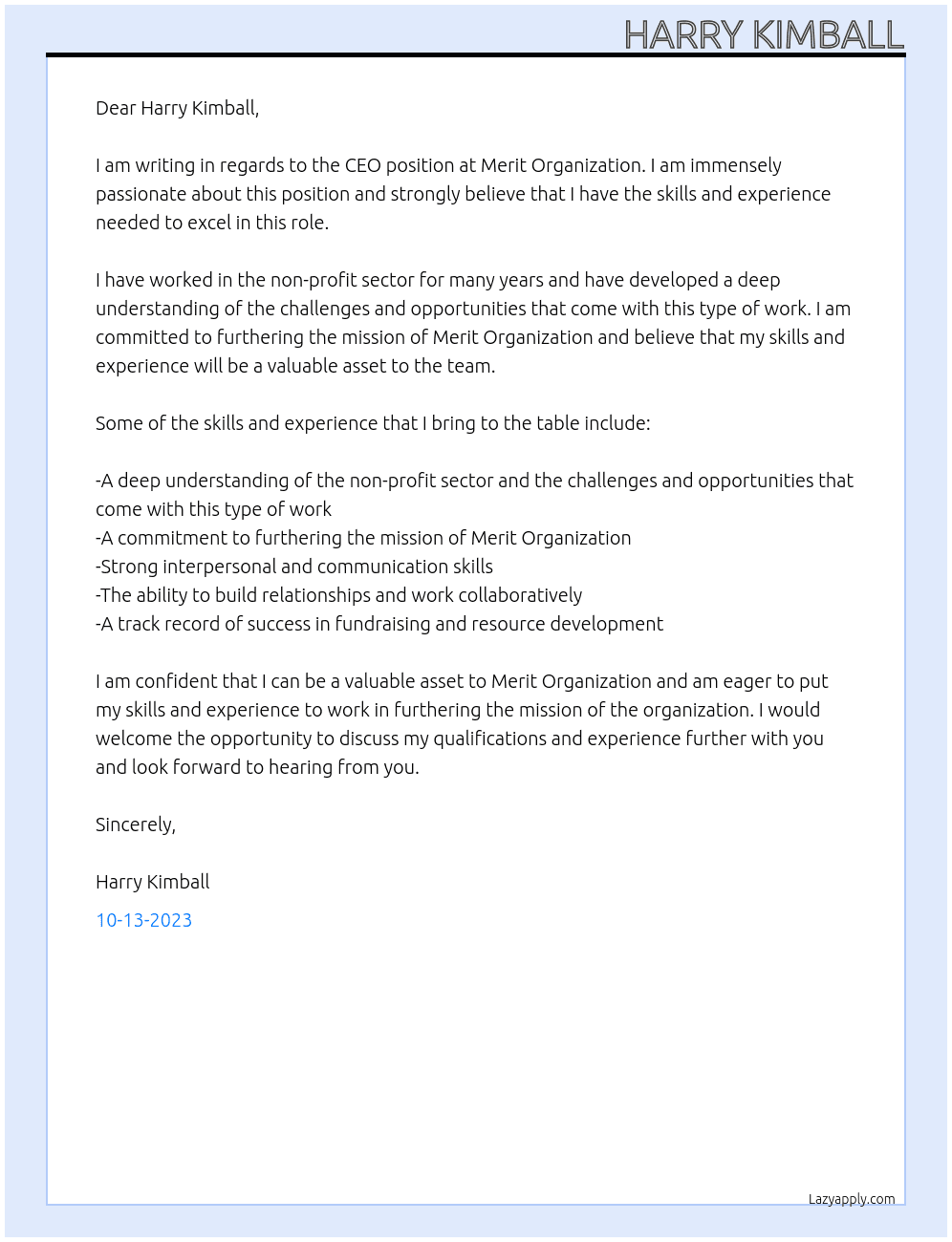 Non Profit At Merit Organization Cover Letter