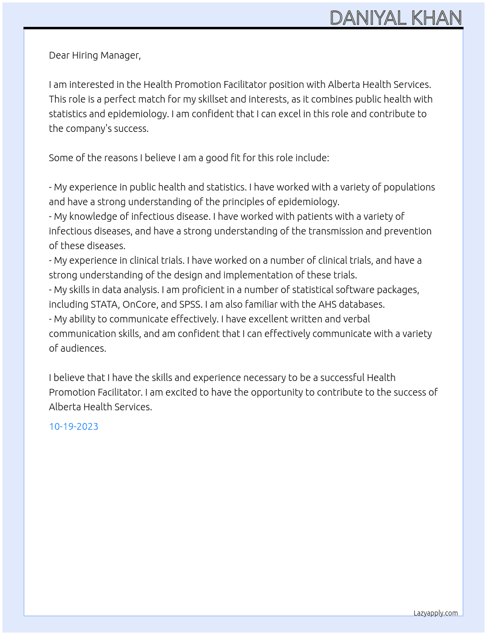 Health Promotion Facilitator At Alberta Health Services Cover Letter