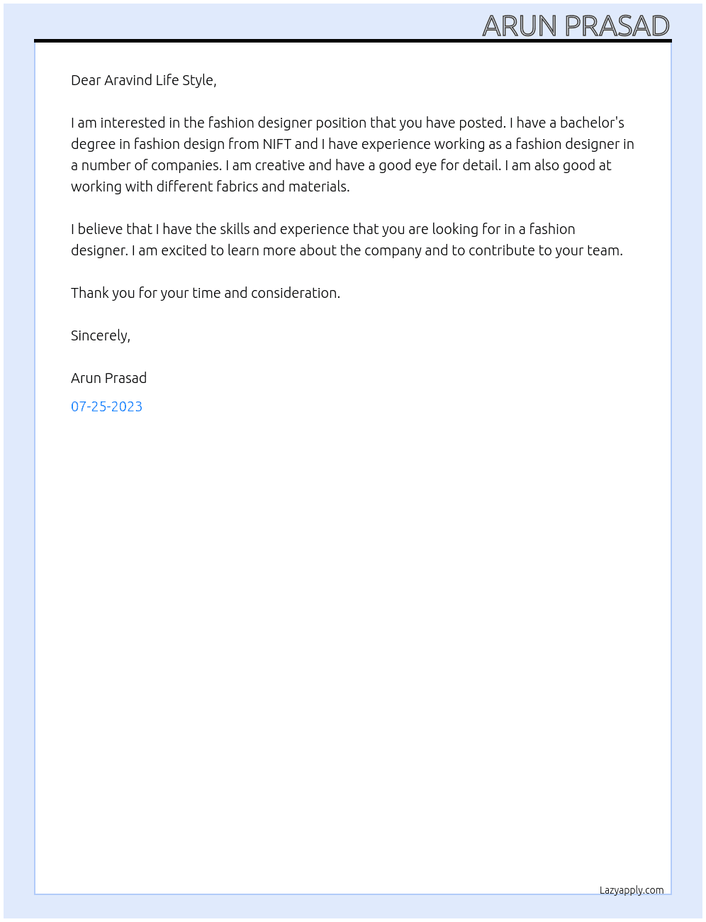 Fashion Designer At Aravind Life Style  Cover Letter