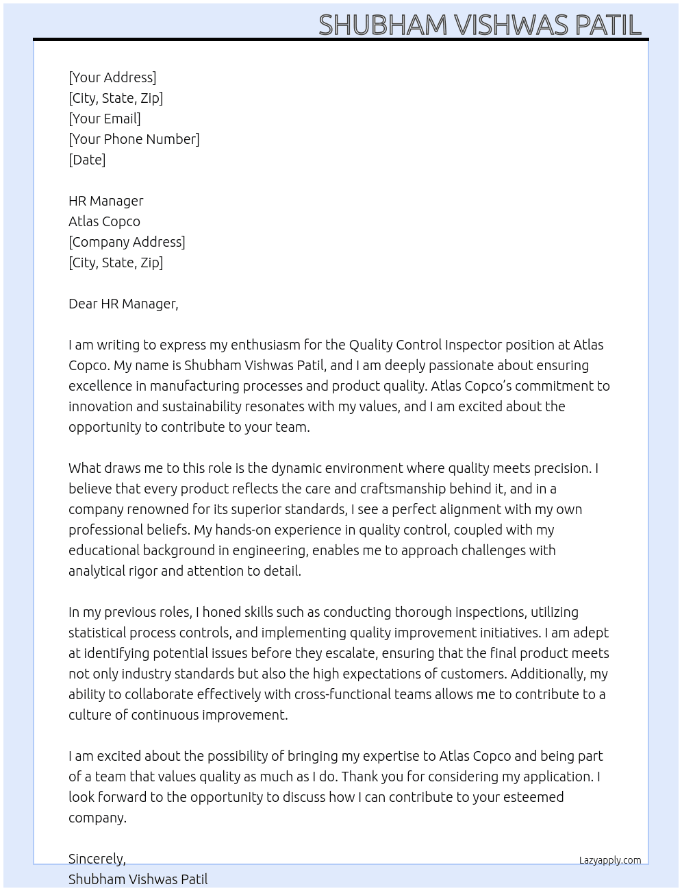Quality Control Inspector  At Atlas Copco Cover Letter