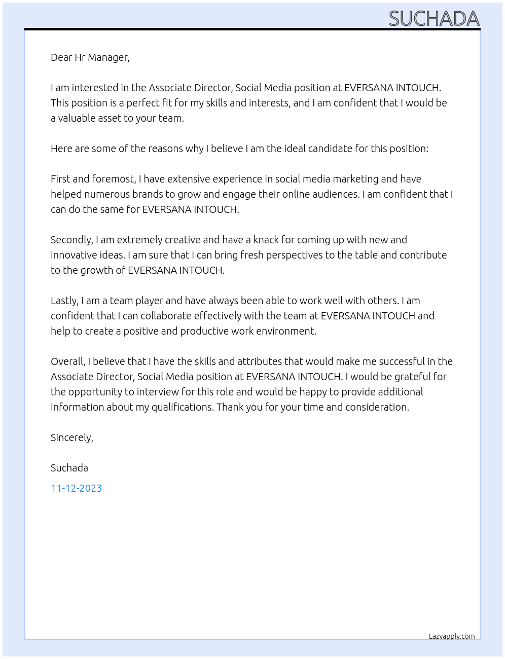 Associate Director, Social Media At EVERSANA INTOUCH Cover Letter