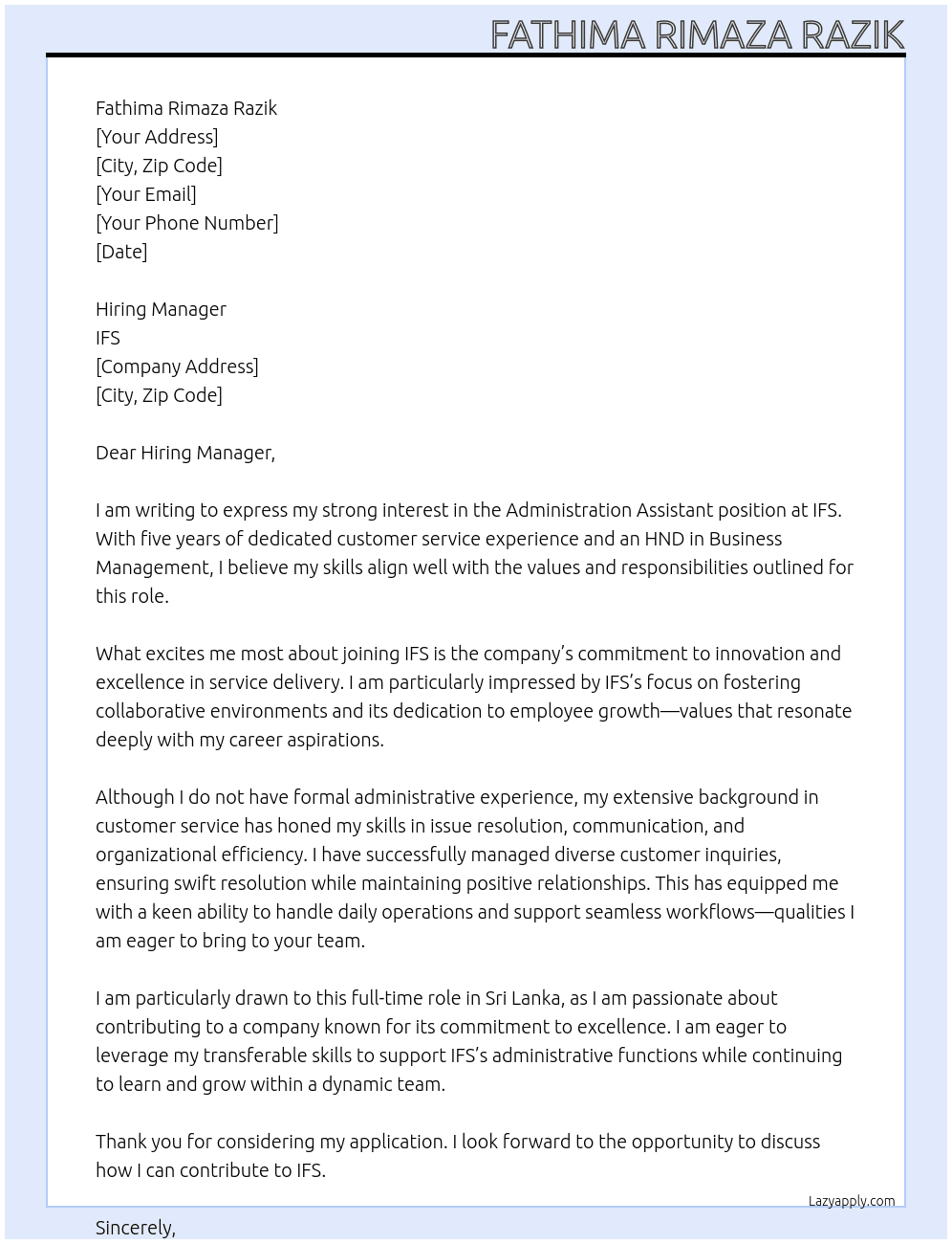 Administration Assistant  At IFS Cover Letter