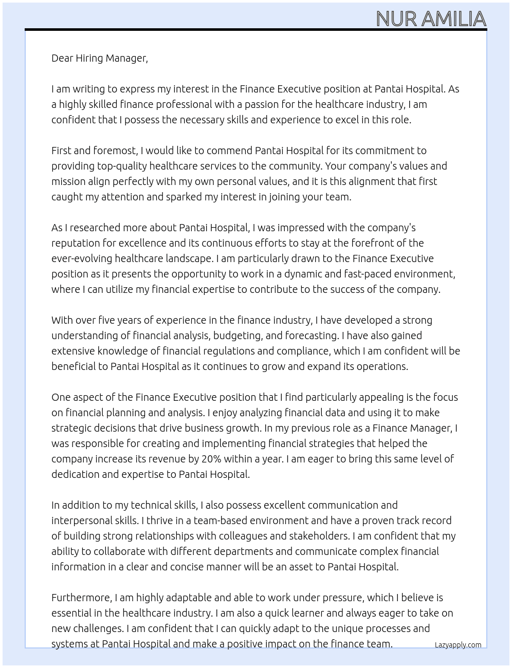 Finance Executive At Pantai Hospital Cover Letter