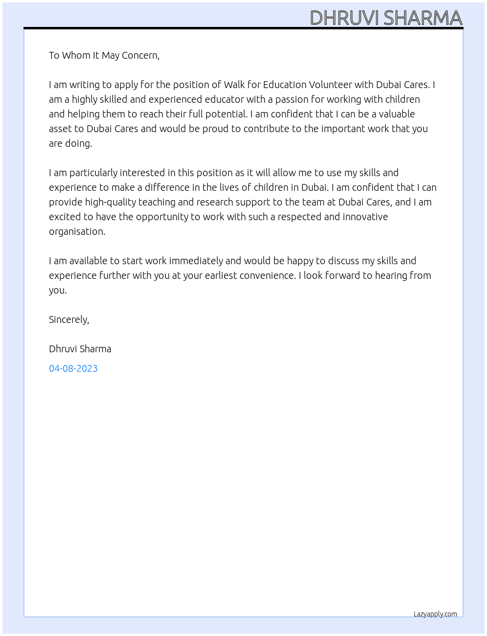 walk for education volunteer At Dubai cares Cover Letter