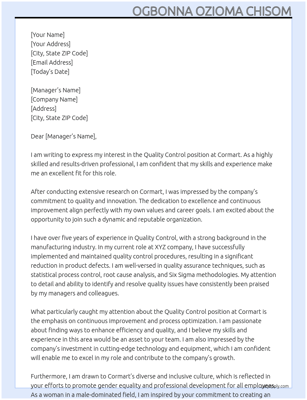 quality control  At cormart Cover Letter
