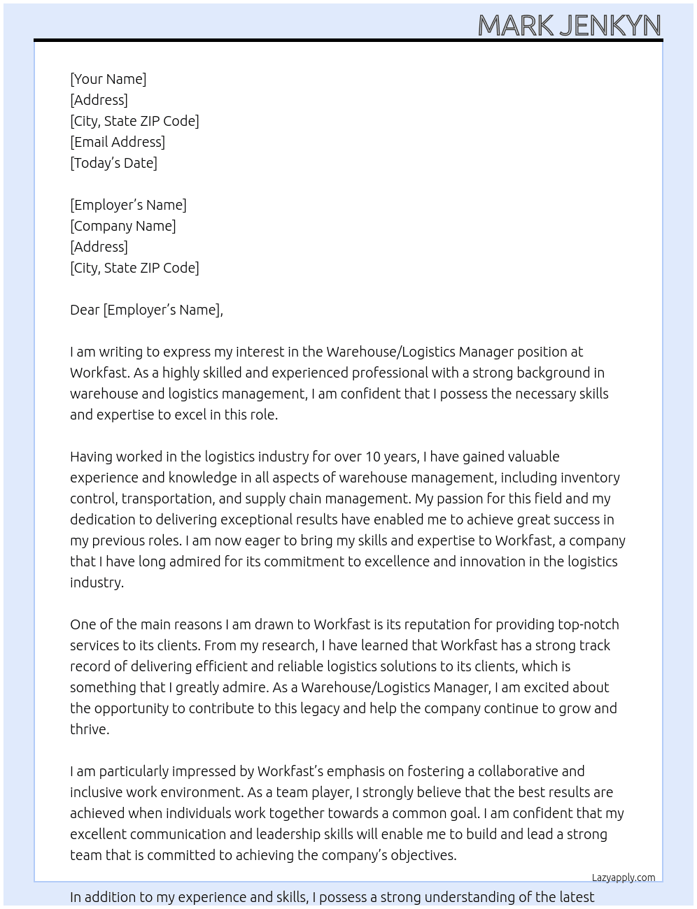 Warehouse/logistics manager At Workfast Cover Letter