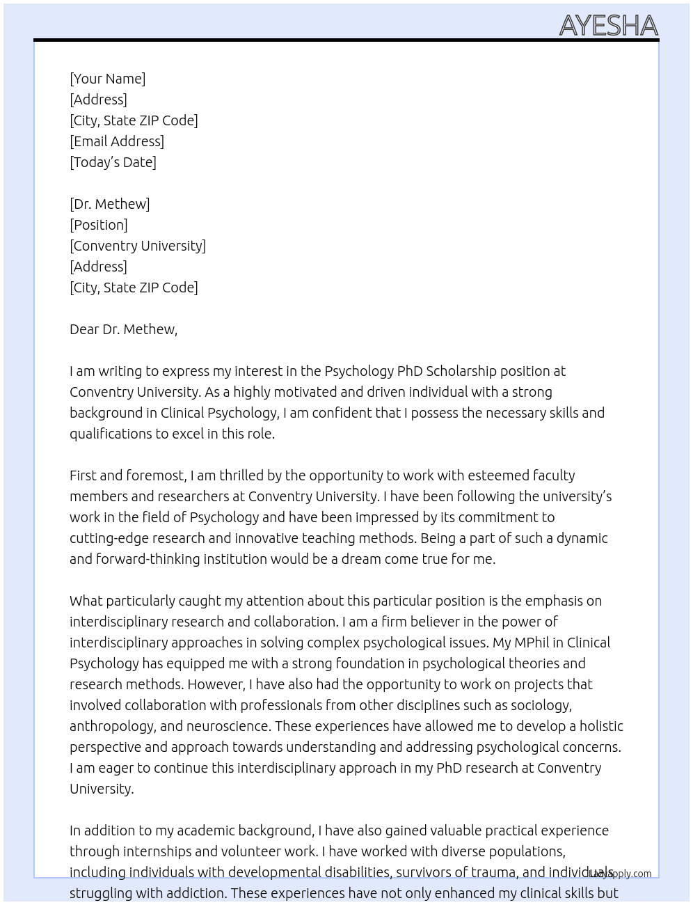 Psychology phd scholorship At Conventry Uuniversity  Cover Letter