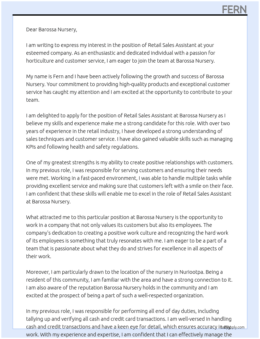 Retail Sales Assistant At Barossa Nursery Cover Letter