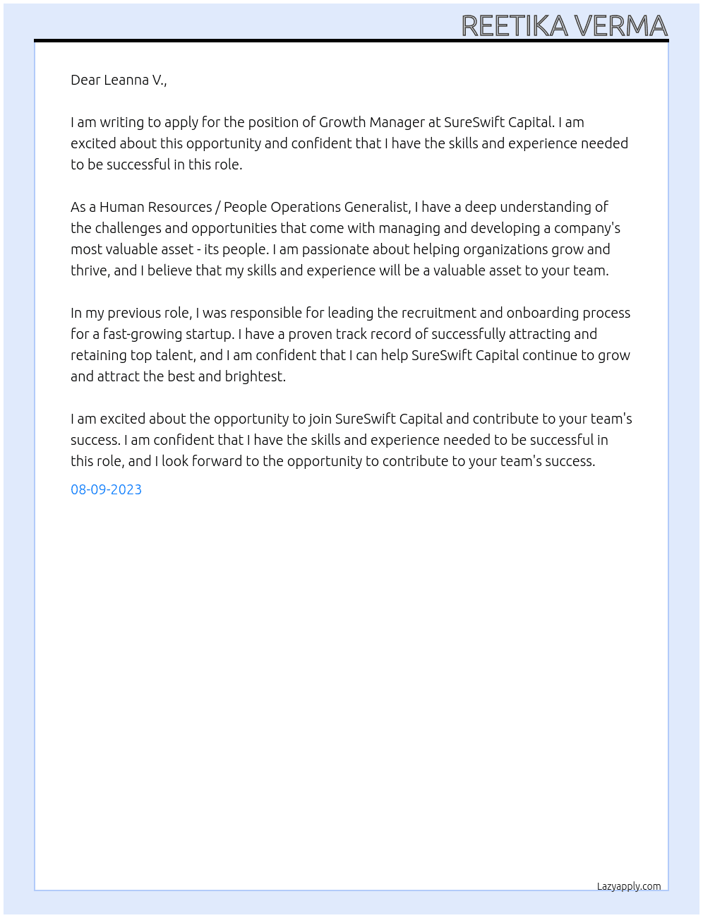 Growth Manager At SureSwift Capital Cover Letter