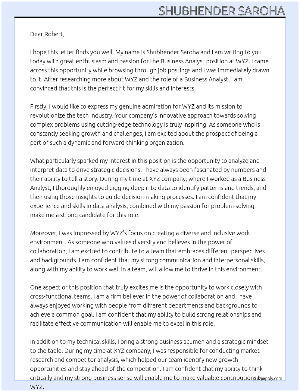Business Analyst At wyz Cover Letter