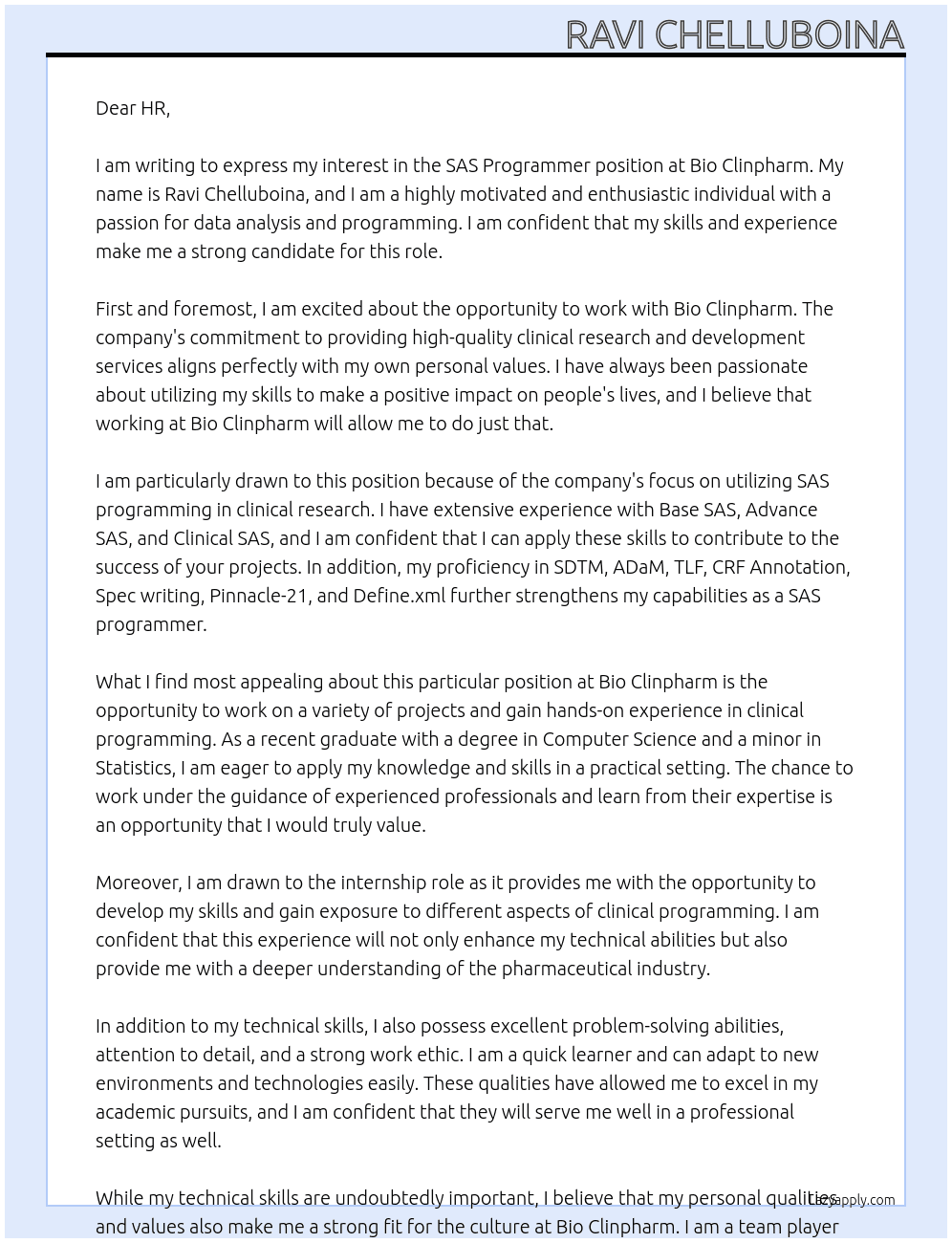 sas programmer At bio clinpharm Cover Letter