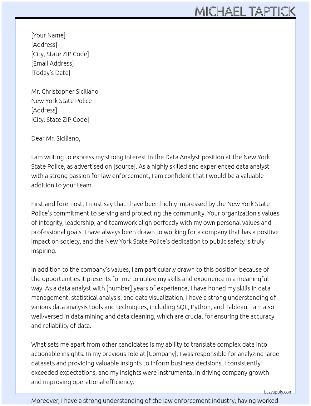 Data Analyst At New York State Police Cover Letter
