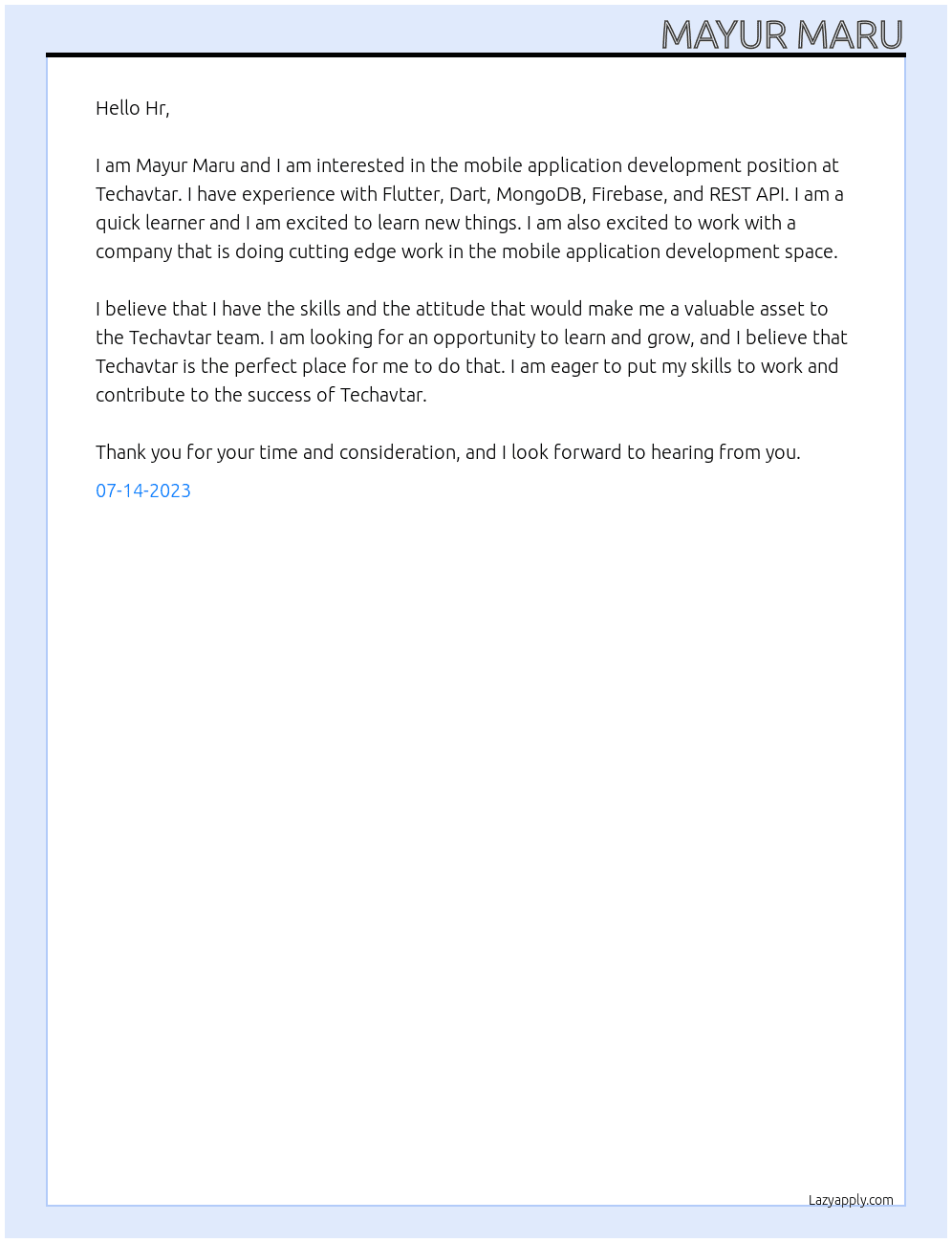 Mobile application development  At Techavtar Cover Letter