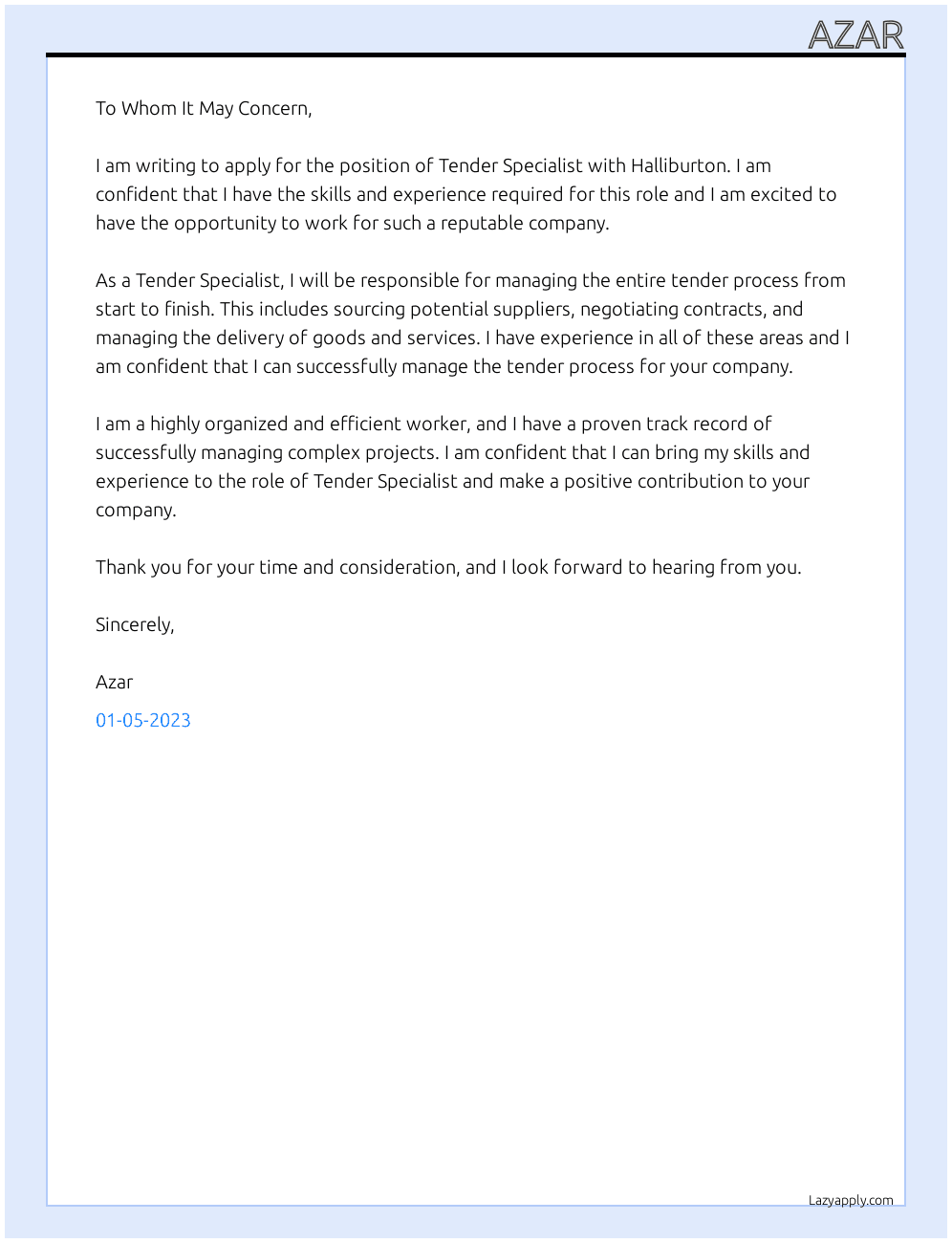 Cover letter for tender specialist - LazyApply