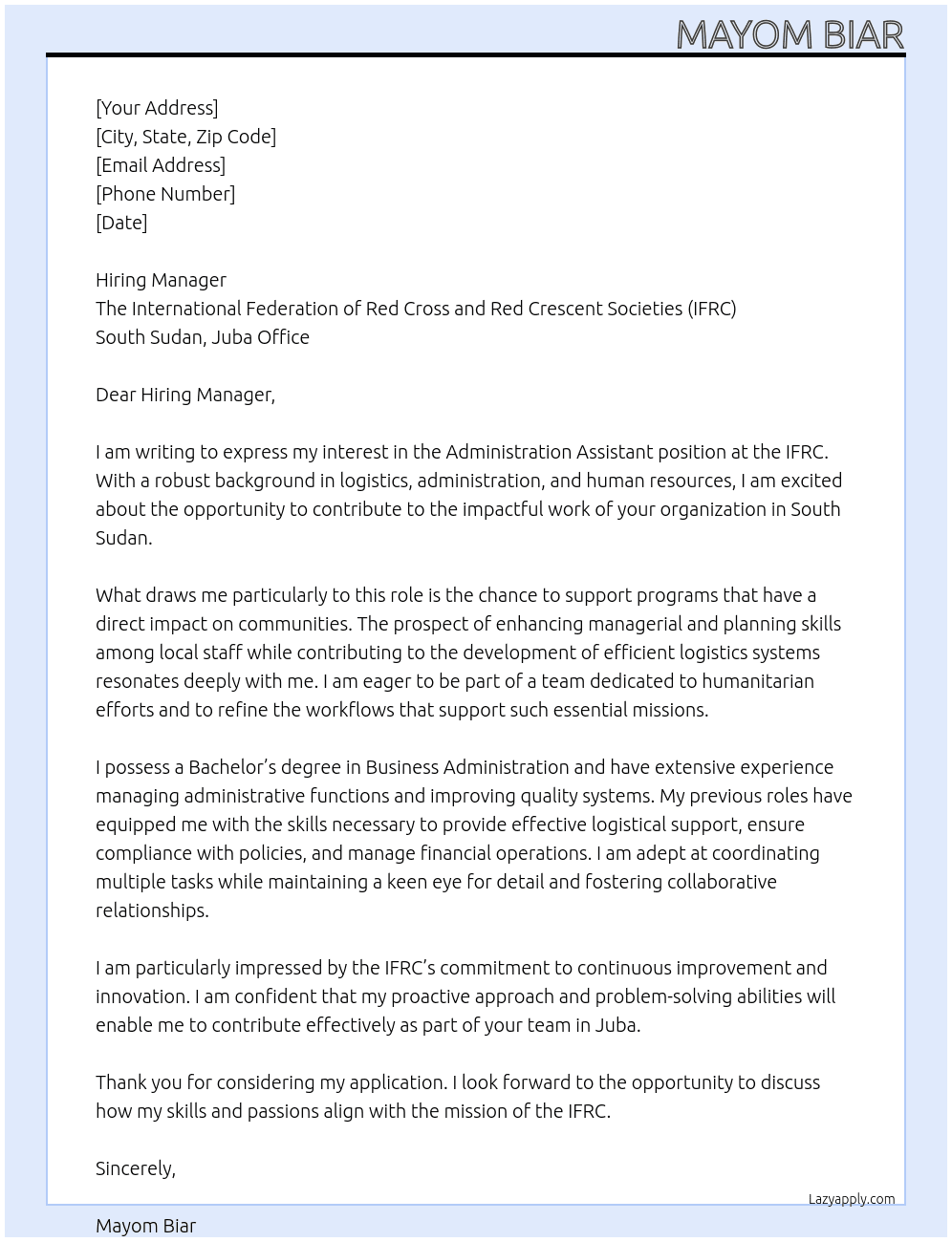 Cover letter for adminstration assistant - LazyApply