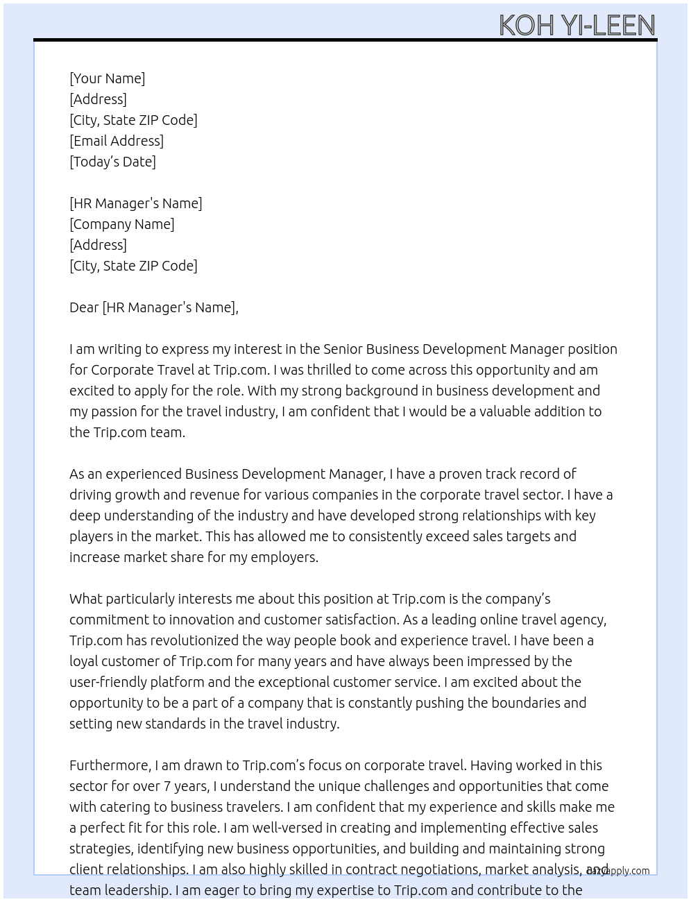 Senior Business Development Manager (Corporate Travel) At Trip.com Cover Letter