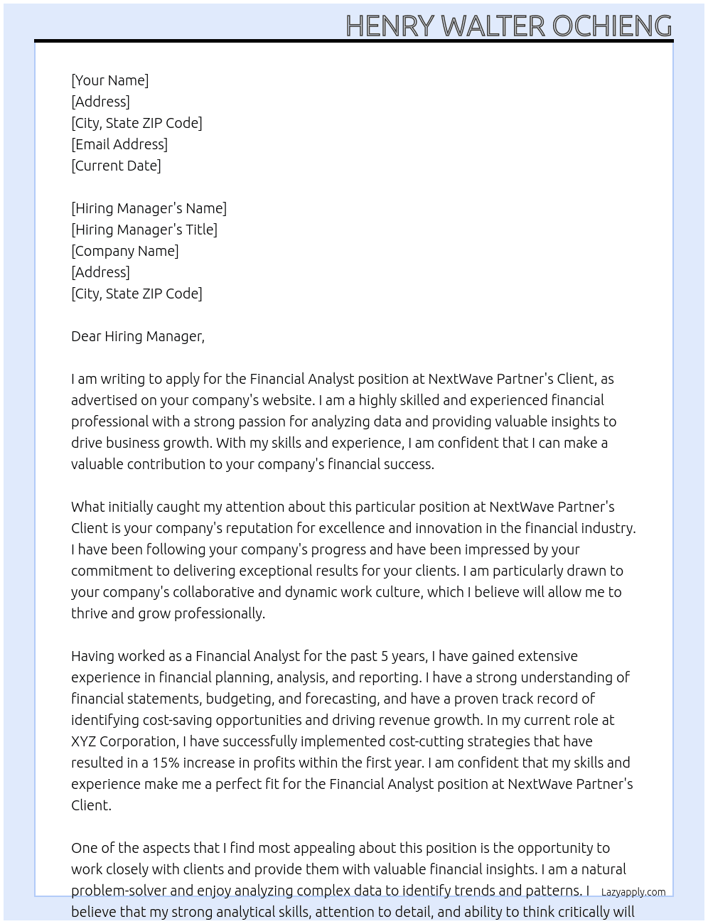 Financial analyst At NextWave Partner'c Client Cover Letter