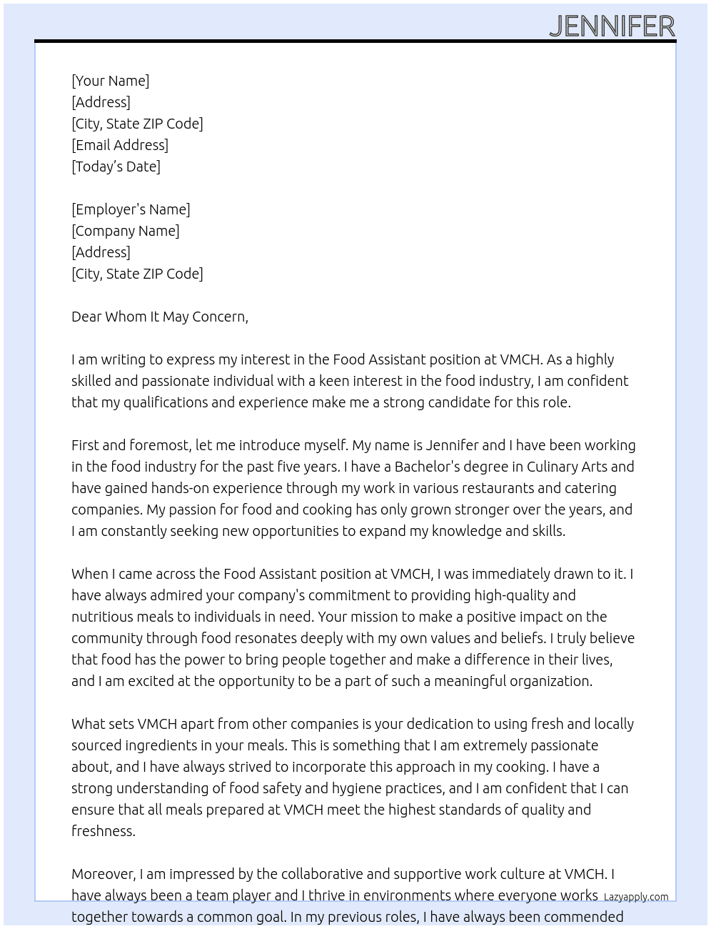Food assistant At Vmch Cover Letter