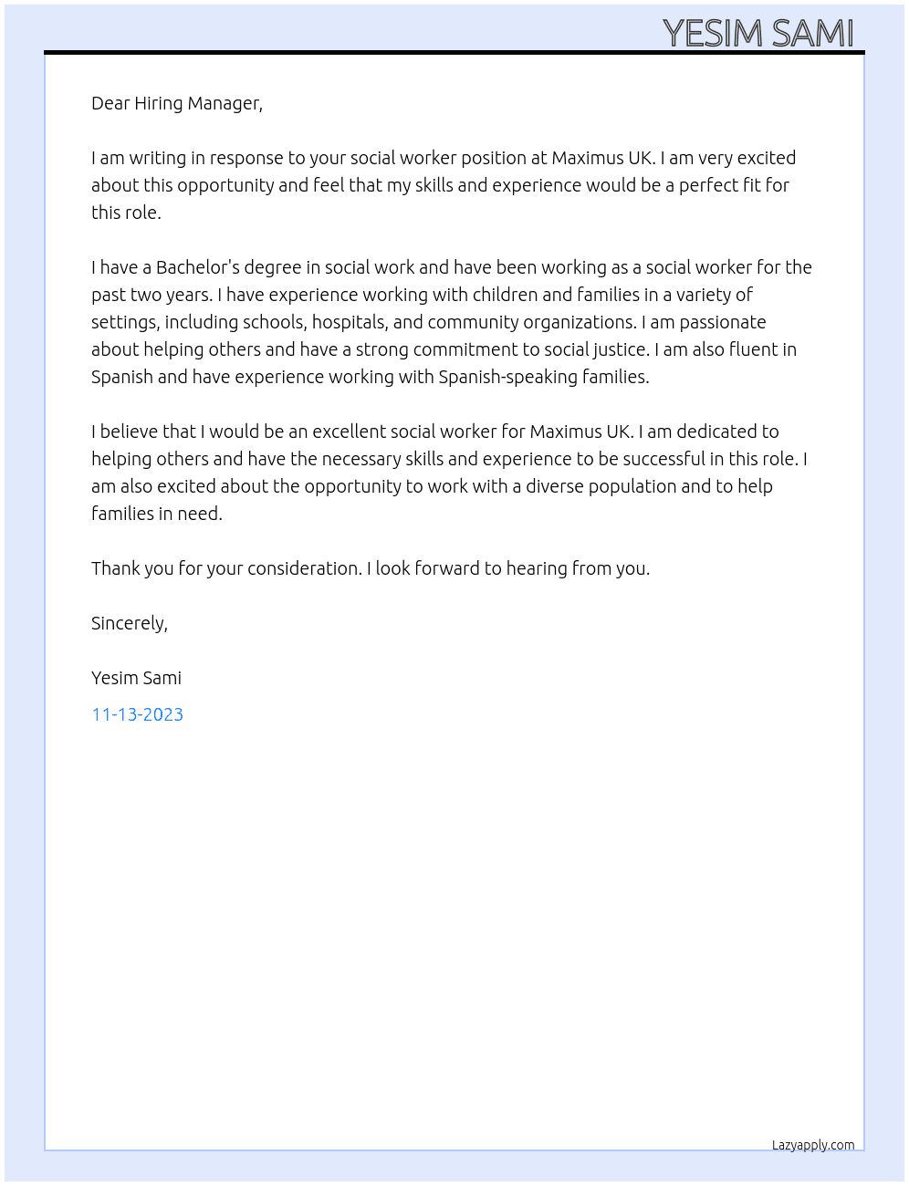 Social Worker At Maximus UK  Cover Letter