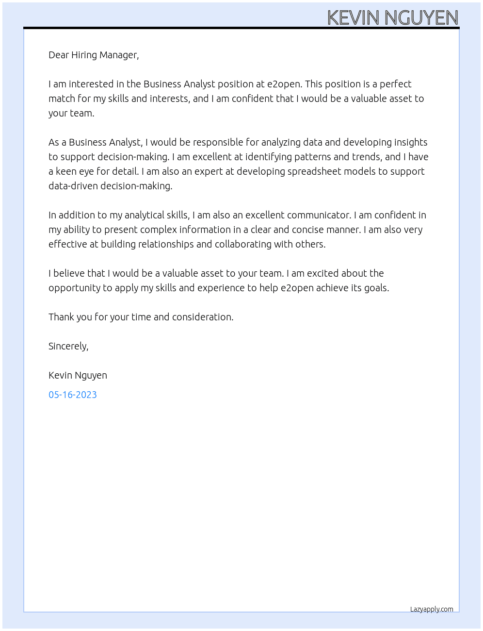 Business Analyst At e2open Cover Letter