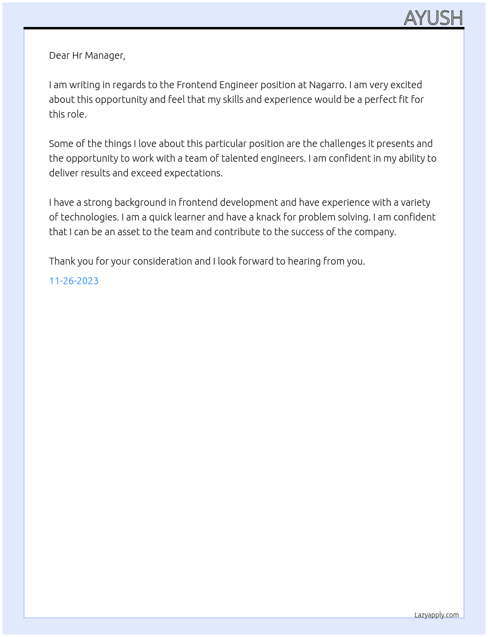 Frontend Engineer At Nagarro Cover Letter