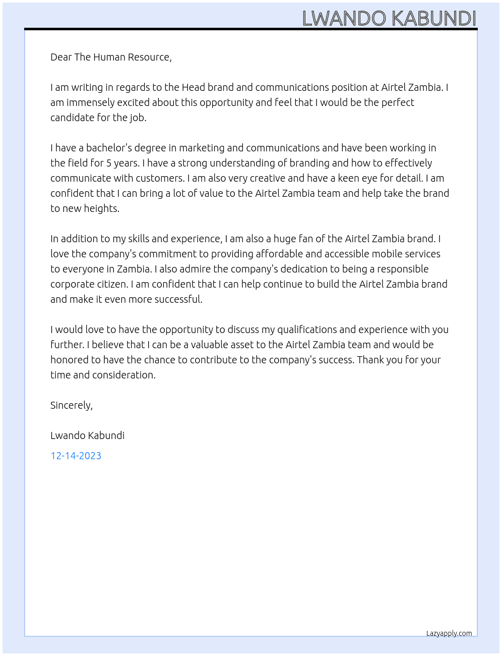 Head brand and communications  At Airtel Zambia Cover Letter