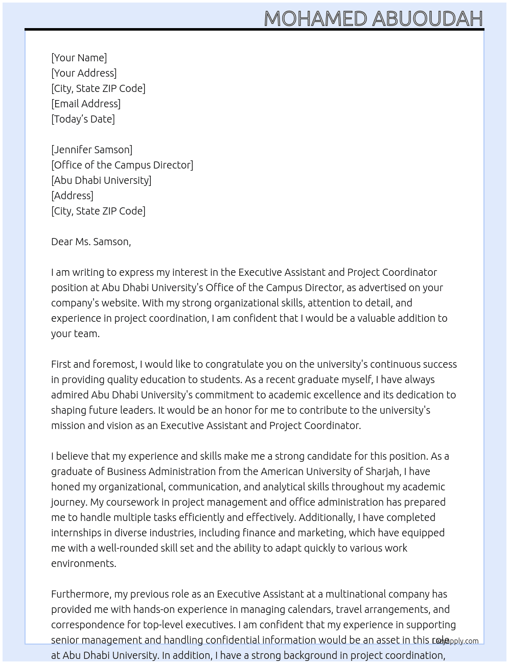 Executive Assistant and Project Coordinator (Office of the Campus Director) At Abu Dhabi University Cover Letter