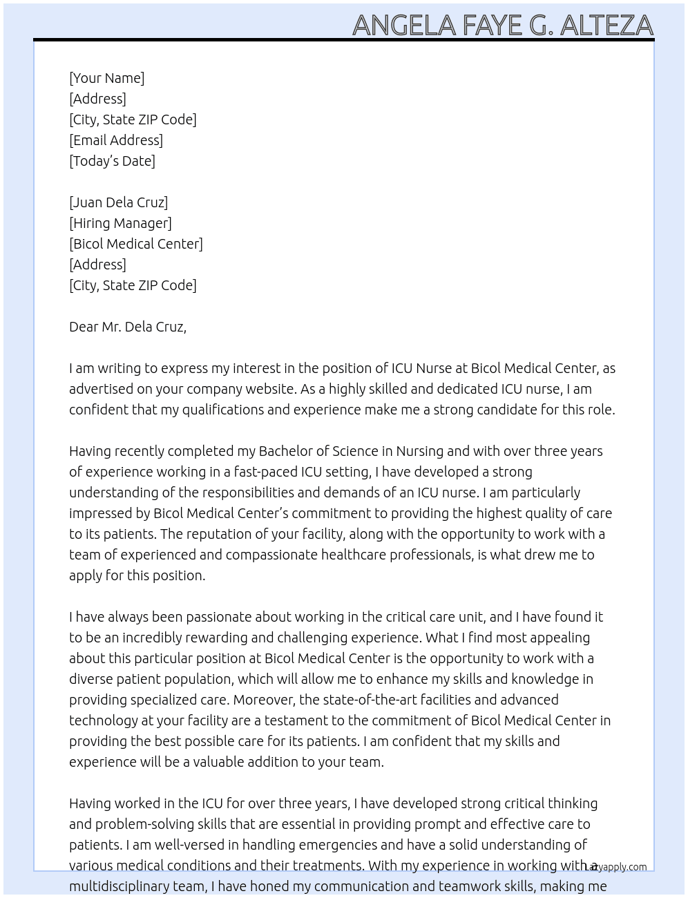 ICU Nurse At Bicol Medical Center Cover Letter