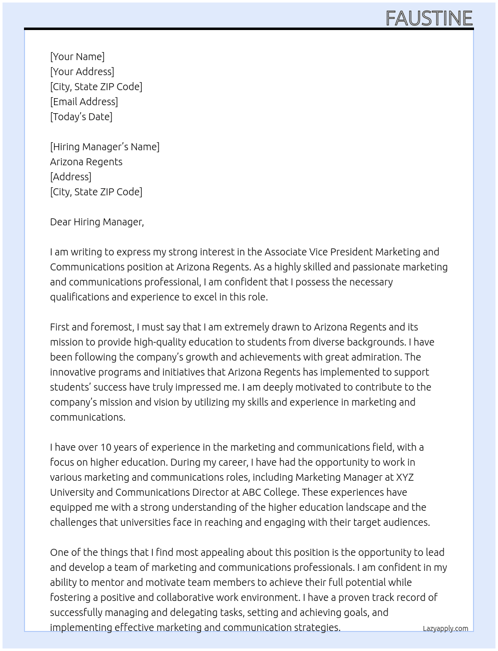 Associate Vice President Marketing and Communications At Arizona Regents Cover Letter