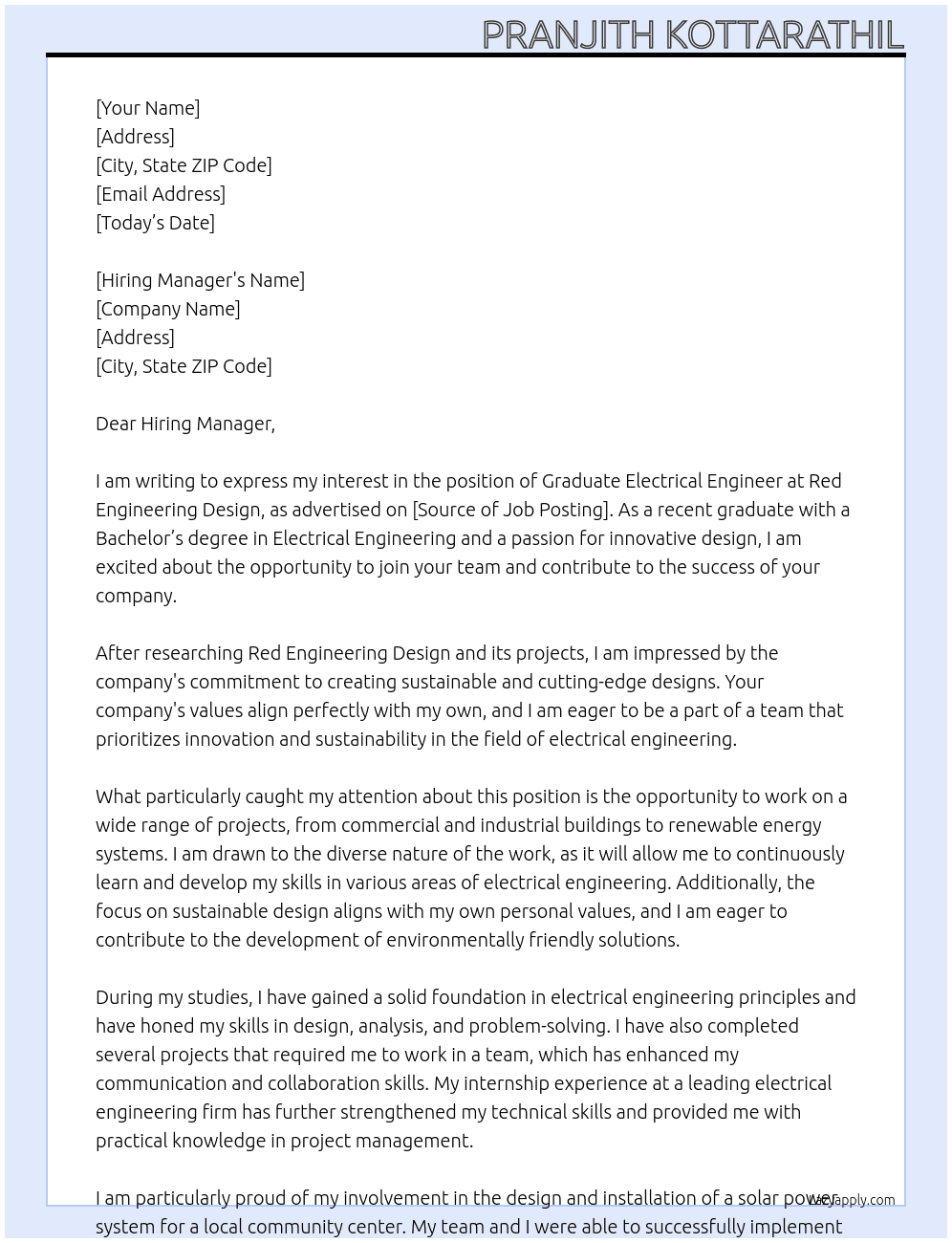 Graduate Electrical Engineer At Red Engineering Design Cover Letter