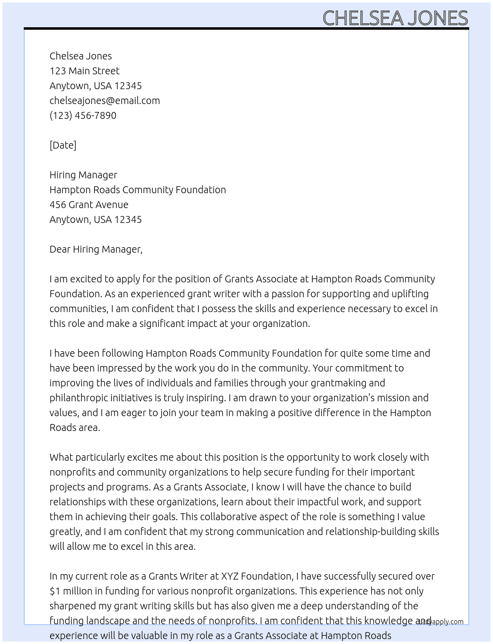 Grants Associate  At Hampton Roads Community Foundation  Cover Letter