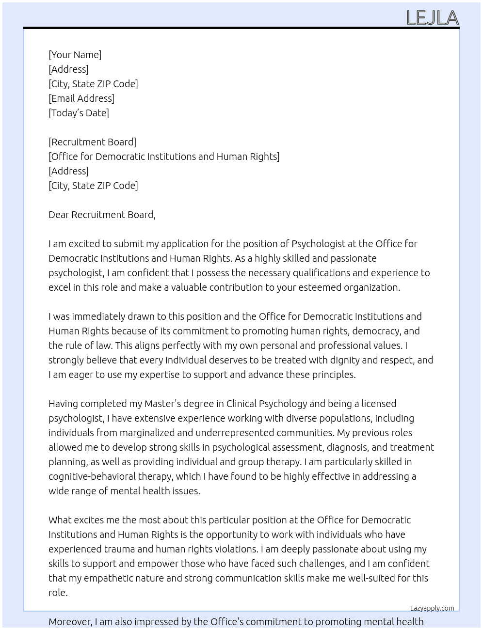 Psychologist At Office for Democratic Institutions and Human Rights Cover Letter