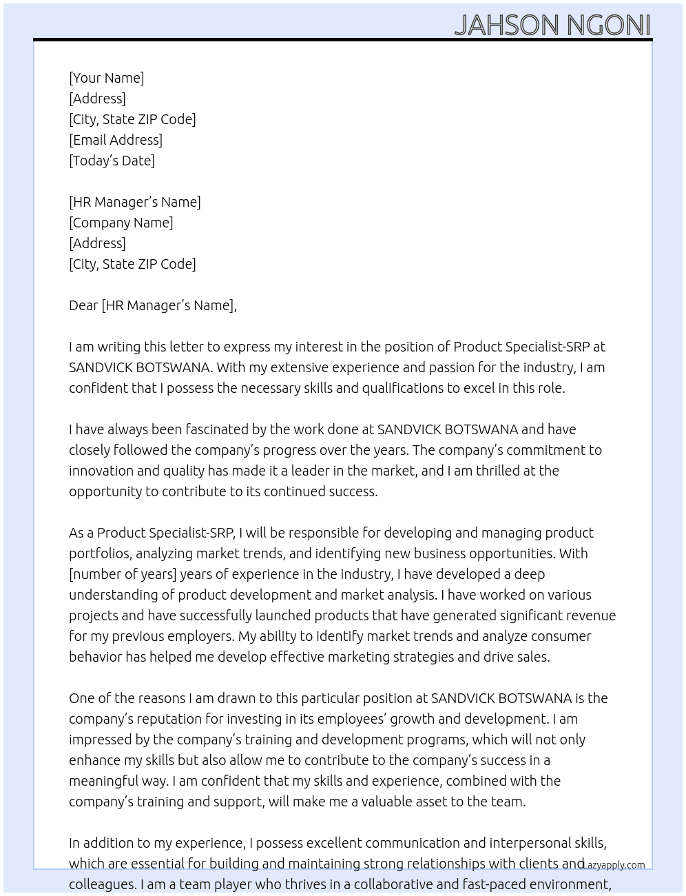 PRODUCT SPECIALIST-SRP At SANDVICK BOTSWANA Cover Letter