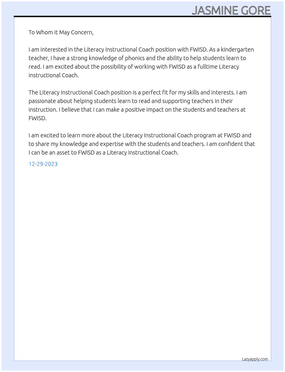 Literacy Instructional Coach At FWISD Cover Letter